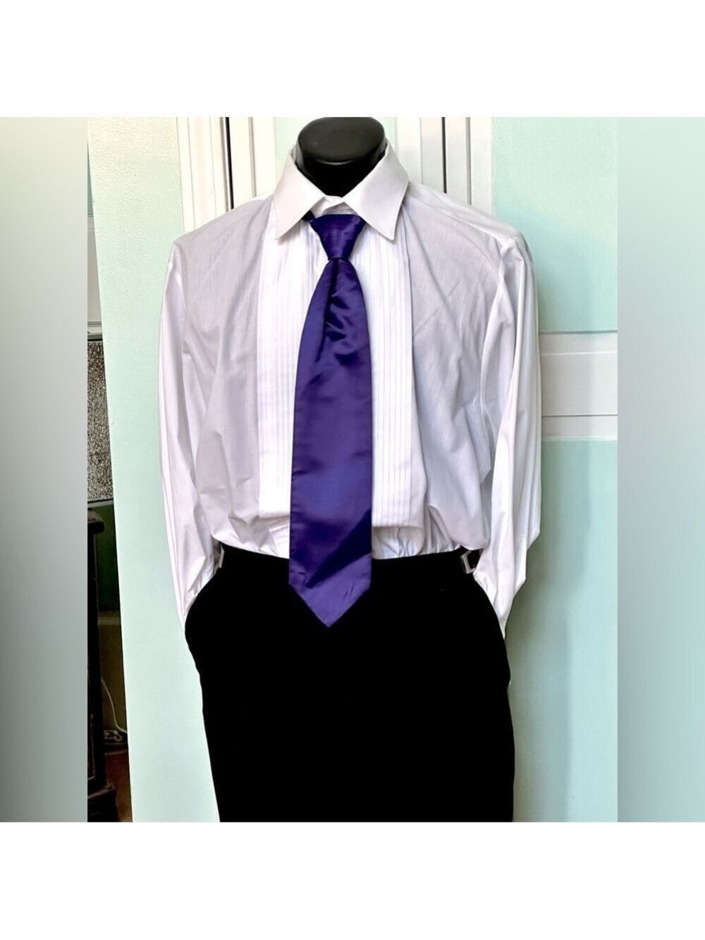 Royal Dark Purple Satin Tie Wedding Prom Tuxedo Pre Tied clip USED